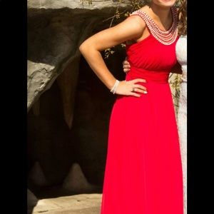 Red prom dress with pearls